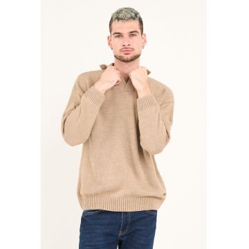 Pulover cu model uni si guler - Maro nisip