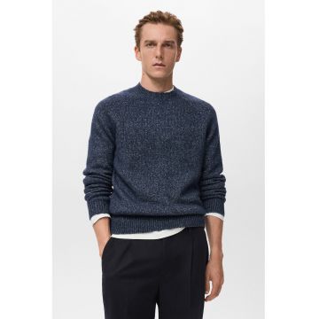 Pulover din amestec de bumbac si lana cu maneci raglan - Albastru melange