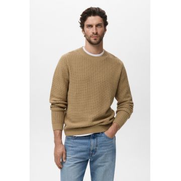 Pulover din bumbac cu decolteu la baza gatului - Maro camel