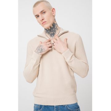 Pulover din bumbac cu fenta cu fermoar Everett - Bej