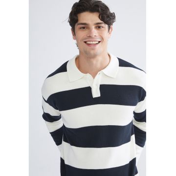 Pulover polo cu model in dungi - Alb/Bleumarin