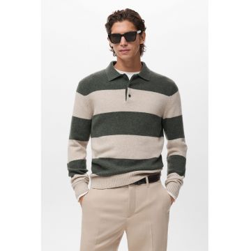 Pulover polo din amestec de lana - Alb/Verde inchis