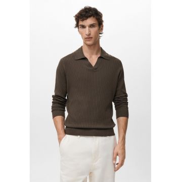 Pulover striat cu decolteu in V - Maro inchis