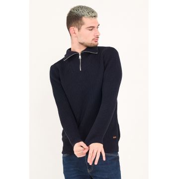Pulover striat cu fenta cu fermoar - Albastru ultramarin