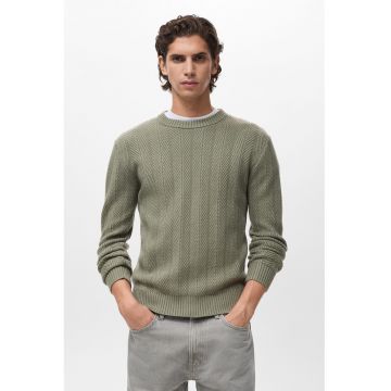 Pulover texturat cu decolteu la baza gatului - Kaki