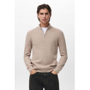 Pulover tricotat cu fenta cu fermoar - Bej