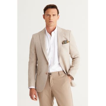 Sacou cu revere decupate si buzunare cu clapa - Bej deschis