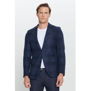 Sacou din amestec de lana in carouri - Bleumarin