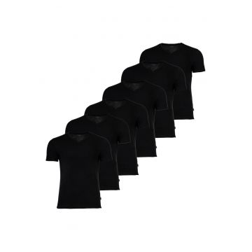 Set de tricouri din amestec de bumbac cu decolteu in V - 6 piese - Negru