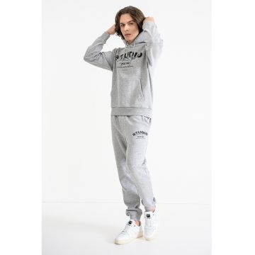 Trening din amestec de bumbac cu imprimeu si talie ajustabila - Gri deschis melange