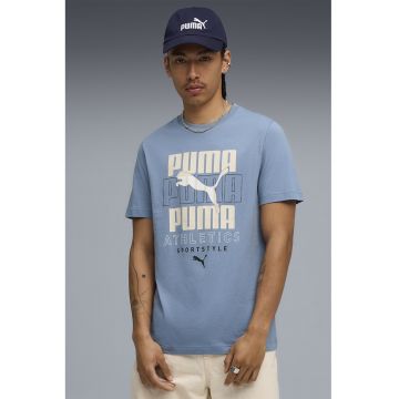 Tricou din amestec de bumbac cu imprimeu logo - Albastru deschis/Crem