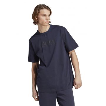 Tricou cu decolteu la baza gatului si imprimeu logo - Bleumarin