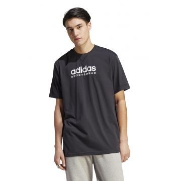 Tricou cu decolteu la baza gatului si imprimeu logo - Negru