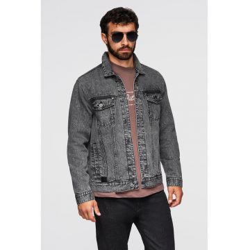 Jacheta din denim cu buzunare frontale - Gri inchis