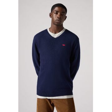 Pulover din amestec de lana cu decolteu in V - Rosu/Bleumarin