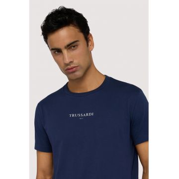 Tricou din bumbac cu detaliu logo - Alb optic/Bleumarin