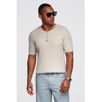 Tricou slim-fit cu striatii si decolteu henley - Gri deschis
