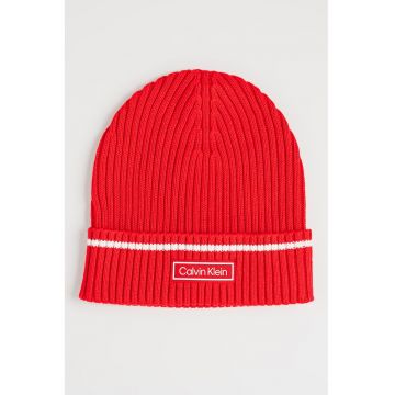 Caciula striata din amestec de bumbac organic cu aplicatie logo - Rosu vermillion