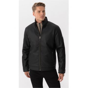 Geaca de piele ecologica - barbati - cu buzunare cu fermoar -  J-Nino - Neagra - Negru