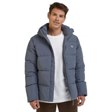 Jacheta puffer  gri deschis - cu gluga - maneci elastice - cu 2 buzunare cu fermoar - poliester -