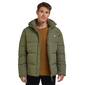 Jacheta puffer  verde masliniu - poliester - cu gluga - doua buzunare cu fermoar -