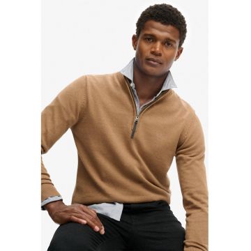 SUPERDRY - Pulover de bumbac organic cu fenta cu fermoar - Caramel