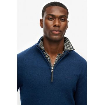 SUPERDRY - Pulover slim fit din amestec de lana cu fenta scurta cu fermoar - Albastru inchis