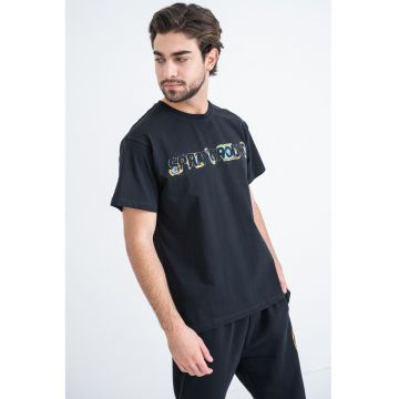 Tricou cu decolteu la baza gatului si imprimeu logo - Negru/Galben/Albastru