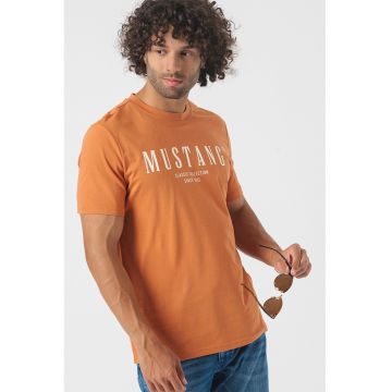 Tricou cu decolteu la baza gatului si imprimeu logo - Portocaliu stins