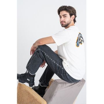 Tricou cu decolteu la baza gatului si imprimeu logo - Verde/Alb fildes/Albastru