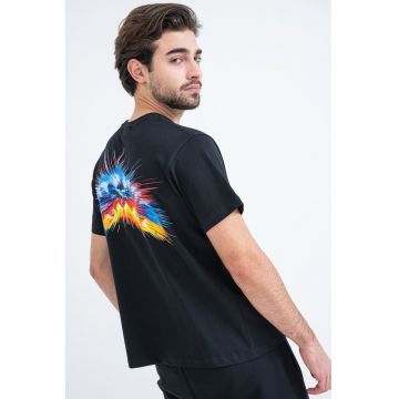 Tricou cu decolteu la baza gatului si imprimeu - Negru/Galben/Albastru