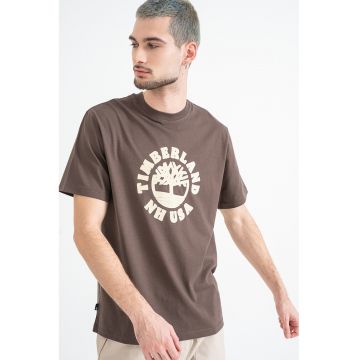 Tricou cu decolteu la baza gatului si logo texturat - Alb fildes/Maro