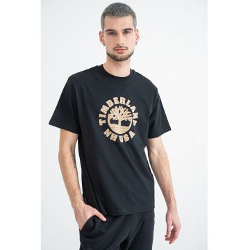 Tricou cu decolteu la baza gatului si logo texturat - Negru/Maro nisip