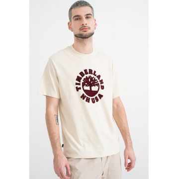 Tricou cu decolteu la baza gatului si logo texturat - Visiniu/Bej deschis
