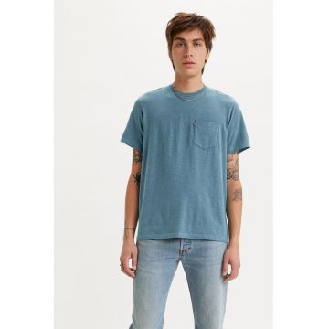 Tricou de bumbac cu buzunar pe piept - Albastru prafuit