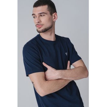 Tricou de bumbac cu decolteu la baza gatului - Bleumarin