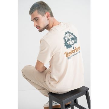 Tricou de bumbac cu decolteu la baza gatului si logo - Bej deschis