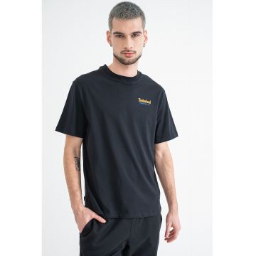 Tricou de bumbac cu decolteu la baza gatului si logo - Negru