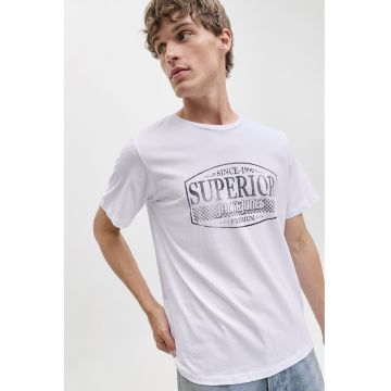 Tricou de bumbac cu imprimeu si decolteu la baza gatului - Alb