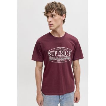 Tricou de bumbac cu imprimeu si decolteu la baza gatului - Visiniu