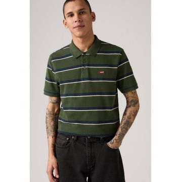 Tricou polo in dungi Housemark - Verde padure/Alb murdar/Bleumarin