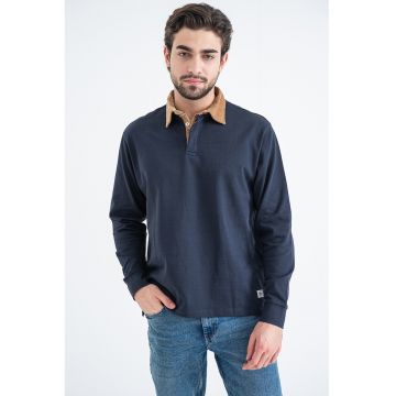 Bluza polo cu guler din reiat - Albastru ultramarin/Maro deschis