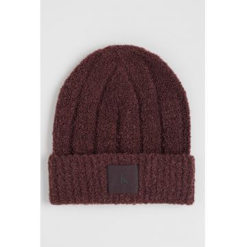 Caciula din amestec de lana cu model boucle si aplicatie monograma - Maro inchis