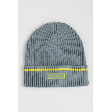 Caciula striata din amestec de bumbac organic cu aplicatie logo - Galben/Gri cenusiu