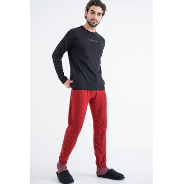 Pijama de bumbac cu decolteu la baza gatului - Rosu/Negru