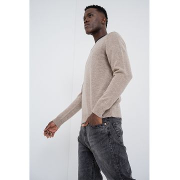 Pulover din amestec de lana cu decolteu in V - Gri deschis