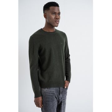 Pulover din amestec de lana cu decolteu la baza gatului - Verde/Verde inchis