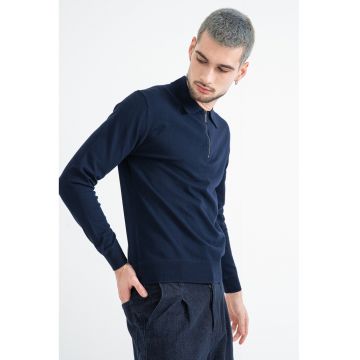 Pulover slim fit cu guler polo cu fermoar - Bleumarin