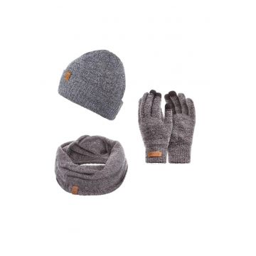 Set 3 in 1 barbati - Brodrene - Acril - Caciula + fular tip guler + manusi - Circumferinta 56-60 cm - Gri deschis