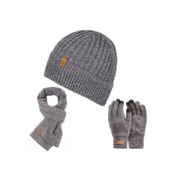 Set 3 in 1 barbati - Brodrene - Caciula + fular + manusi - Acril - Circumferinta 56-60 cm - Gri deschis